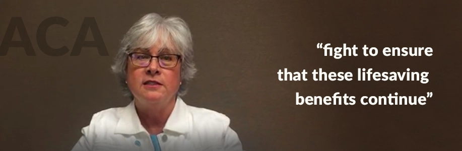 Debra headshot with text "fight to ensure that these lifesaving benefits continue"